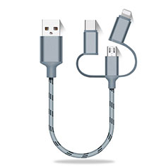 Charger Lightning USB Data Cable Charging Cord and Android Micro USB Type-C 25cm S01 for Oppo A58 4G Gray