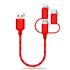 Charger Lightning USB Data Cable Charging Cord and Android Micro USB Type-C 25cm S01 for Samsung Galaxy F42 5G Red