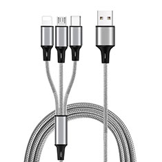 Charger Lightning USB Data Cable Charging Cord and Android Micro USB Type-C ML08 for Samsung Galaxy F42 5G Silver