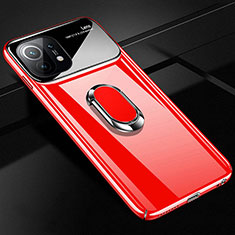 Hard Rigid Plastic Matte Finish Case Cover with Magnetic Finger Ring Stand P01 for Xiaomi Mi 11 Lite 4G Red