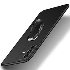 Hard Rigid Plastic Matte Finish Case Cover with Magnetic Finger Ring Stand S01 for Vivo V23 5G Black