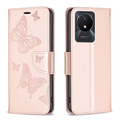 Leather Case Stands Butterfly Flip Cover Holder B01F for Vivo Y02A Rose Gold