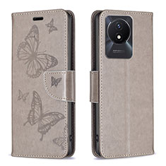 Leather Case Stands Butterfly Flip Cover Holder B01F for Vivo Y11 (2023) Gray