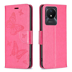 Leather Case Stands Butterfly Flip Cover Holder B01F for Vivo Y11 (2023) Hot Pink