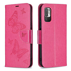 Leather Case Stands Butterfly Flip Cover Holder B01F for Xiaomi POCO M3 Pro 5G Hot Pink