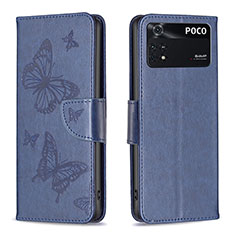 Leather Case Stands Butterfly Flip Cover Holder B01F for Xiaomi Poco M4 Pro 4G Blue