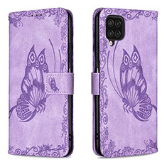 Leather Case Stands Butterfly Flip Cover Holder B02F for Samsung Galaxy A12 5G Clove Purple