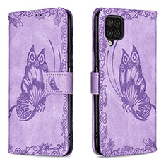 Leather Case Stands Butterfly Flip Cover Holder B02F for Samsung Galaxy A12 Clove Purple