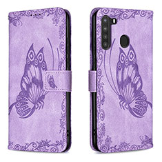 Leather Case Stands Butterfly Flip Cover Holder B02F for Samsung Galaxy A21 Clove Purple