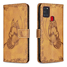 Leather Case Stands Butterfly Flip Cover Holder B02F for Samsung Galaxy A21s Brown