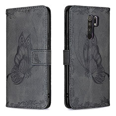 Leather Case Stands Butterfly Flip Cover Holder B02F for Xiaomi Redmi 9 Black