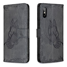 Leather Case Stands Butterfly Flip Cover Holder B02F for Xiaomi Redmi 9A Black