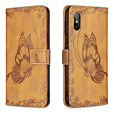 Leather Case Stands Butterfly Flip Cover Holder B02F for Xiaomi Redmi 9A Brown