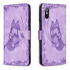 Leather Case Stands Butterfly Flip Cover Holder B02F for Xiaomi Redmi 9A Clove Purple