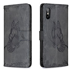 Leather Case Stands Butterfly Flip Cover Holder B02F for Xiaomi Redmi 9i Black