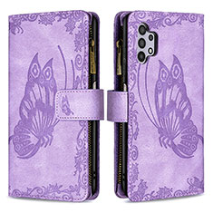 Leather Case Stands Butterfly Flip Cover Holder B03F for Samsung Galaxy A32 5G Clove Purple