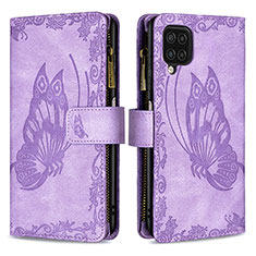 Leather Case Stands Butterfly Flip Cover Holder B03F for Samsung Galaxy F12 Clove Purple