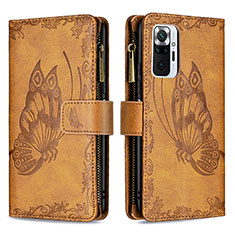 Leather Case Stands Butterfly Flip Cover Holder B03F for Xiaomi Redmi Note 10 Pro 4G Brown