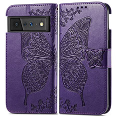 Leather Case Stands Butterfly Flip Cover Holder for Google Pixel 6 5G Purple