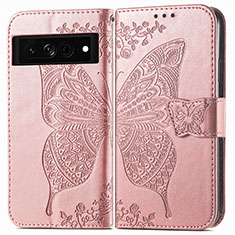 Leather Case Stands Butterfly Flip Cover Holder for Google Pixel 7 Pro 5G Rose Gold