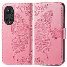 Leather Case Stands Butterfly Flip Cover Holder for Huawei Honor 50 5G Hot Pink