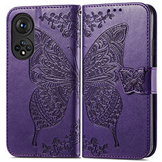 Leather Case Stands Butterfly Flip Cover Holder for Huawei Honor 50 5G Purple