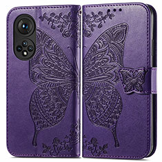 Leather Case Stands Butterfly Flip Cover Holder for Huawei Honor 50 Pro 5G Purple