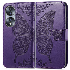 Leather Case Stands Butterfly Flip Cover Holder for Huawei Honor 70 5G Purple