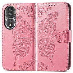 Leather Case Stands Butterfly Flip Cover Holder for Huawei Honor 80 5G Hot Pink