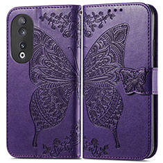 Leather Case Stands Butterfly Flip Cover Holder for Huawei Honor 90 5G Purple