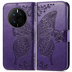 Leather Case Stands Butterfly Flip Cover Holder for Huawei Mate 50E Purple