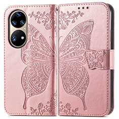 Leather Case Stands Butterfly Flip Cover Holder for Huawei P50 Pro Pink