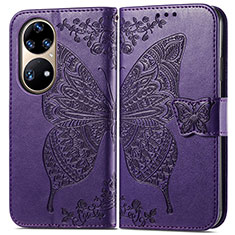 Leather Case Stands Butterfly Flip Cover Holder for Huawei P50 Pro Purple