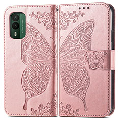 Leather Case Stands Butterfly Flip Cover Holder for Nokia XR21 Rose Gold