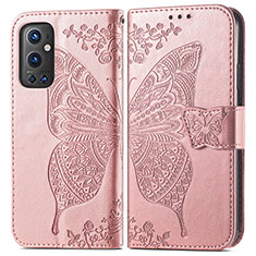 Leather Case Stands Butterfly Flip Cover Holder for OnePlus 9 Pro 5G Rose Gold