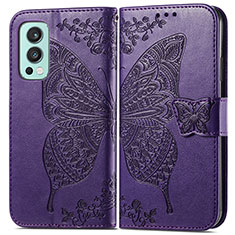 Leather Case Stands Butterfly Flip Cover Holder for OnePlus Nord 2 5G Purple