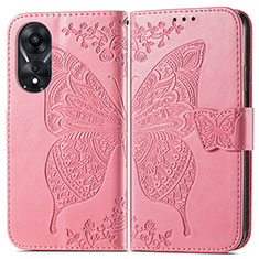 Leather Case Stands Butterfly Flip Cover Holder for Oppo A58 4G Hot Pink