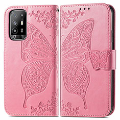 Leather Case Stands Butterfly Flip Cover Holder for Oppo Reno5 Z 5G Hot Pink