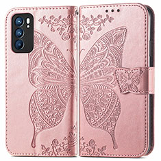Leather Case Stands Butterfly Flip Cover Holder for Oppo Reno6 5G Pink