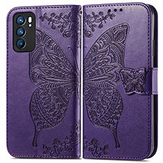 Leather Case Stands Butterfly Flip Cover Holder for Oppo Reno6 5G Purple