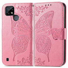 Leather Case Stands Butterfly Flip Cover Holder for Realme C21Y Hot Pink