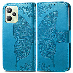 Leather Case Stands Butterfly Flip Cover Holder for Realme C35 Blue