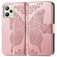 Leather Case Stands Butterfly Flip Cover Holder for Realme C35 Rose Gold