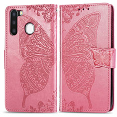 Leather Case Stands Butterfly Flip Cover Holder for Samsung Galaxy A21 European Hot Pink