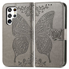 Leather Case Stands Butterfly Flip Cover Holder for Samsung Galaxy S23 Ultra 5G Gray