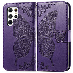 Leather Case Stands Butterfly Flip Cover Holder for Samsung Galaxy S24 Ultra 5G Purple