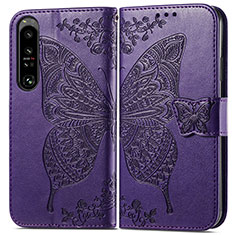 Leather Case Stands Butterfly Flip Cover Holder for Sony Xperia 1 IV SO-51C Purple