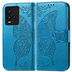 Leather Case Stands Butterfly Flip Cover Holder for Vivo iQOO 9T 5G Blue