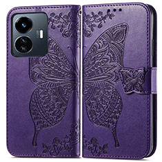 Leather Case Stands Butterfly Flip Cover Holder for Vivo iQOO Z6 Lite 5G Purple