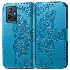 Leather Case Stands Butterfly Flip Cover Holder for Vivo T1 5G India Blue